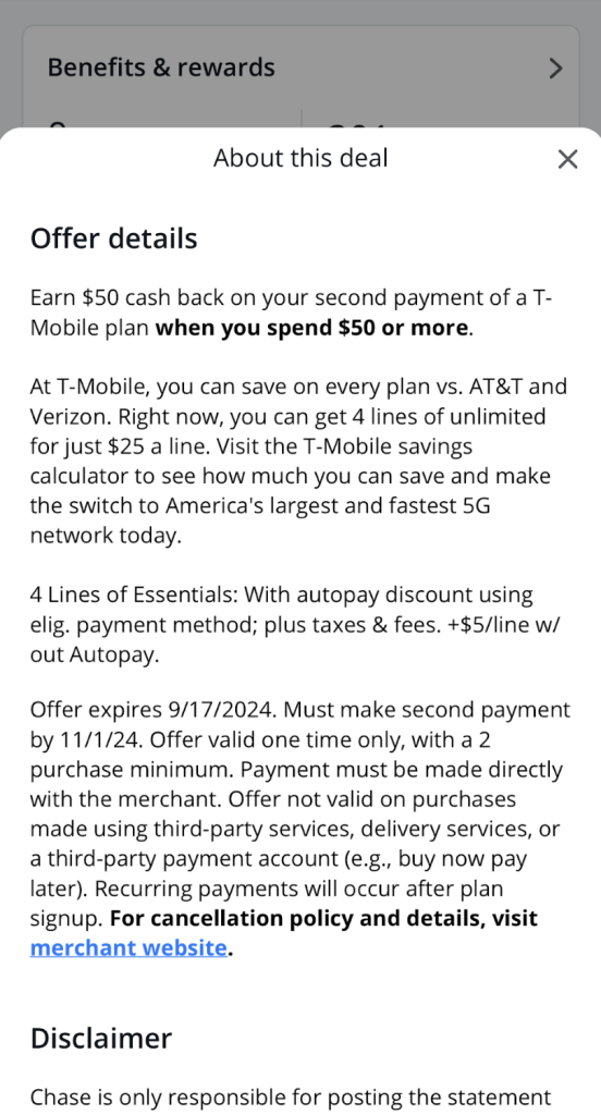 (Update) Chase Offers: T-Mobile/Verizon $50 Off $50 (2 Payments Required)
