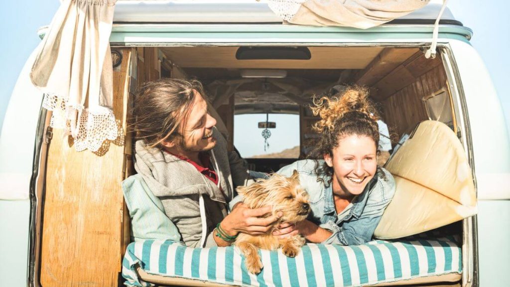 Couple With Dog Traveling In Vintage Mini Van MSN