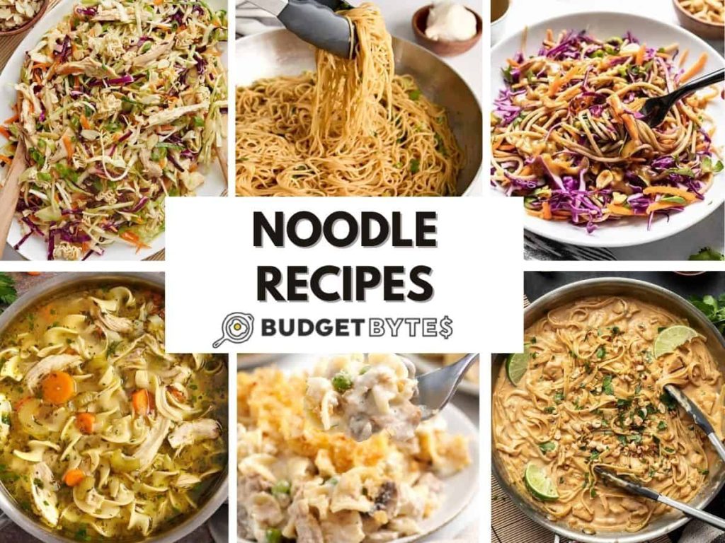 A collage of noodle recipes.