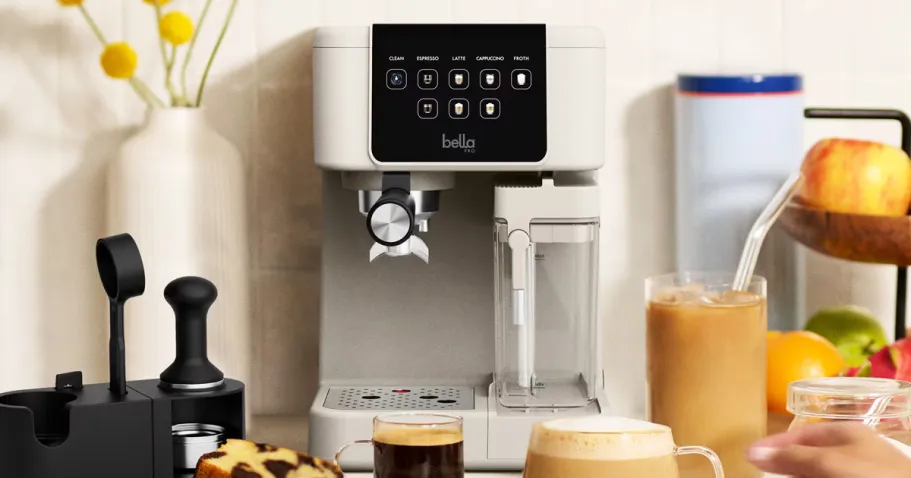 Bella Pro Espresso Machine Just $99.99 Shipped on BestBuy.com (Reg. $230) white and black espresso machine on counter with drinks