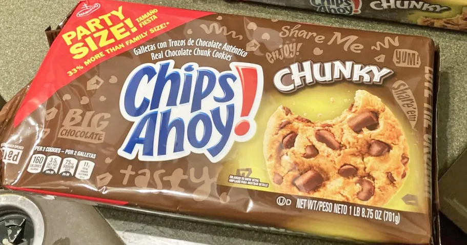 Chips Ahoy Chocolate Chip Cookies Party Size Only $3.48 Shipped on Amazon large brown pack of CHIPS AHOY! Chunky Fudgy Chocolate Chip Cookies on counter