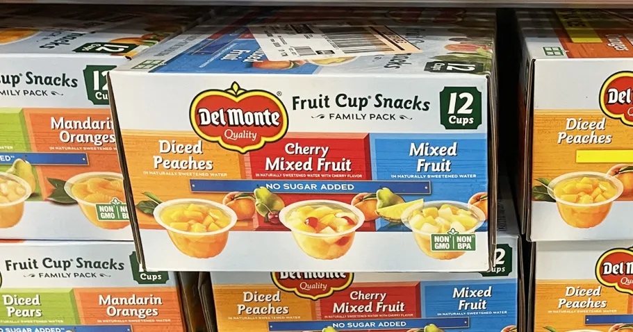 Del Monte Fruit Cups 12-Packs Just $6.51 Shipped on Amazon (Only 48¢ Each) 12-count variety pack boxes of Del Monte Fruit Cups on store shelf