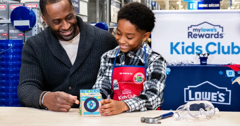 FREE Lowe’s Kids Workshop – Sign Up For Upcoming Events Now! dad and son building a lowe
