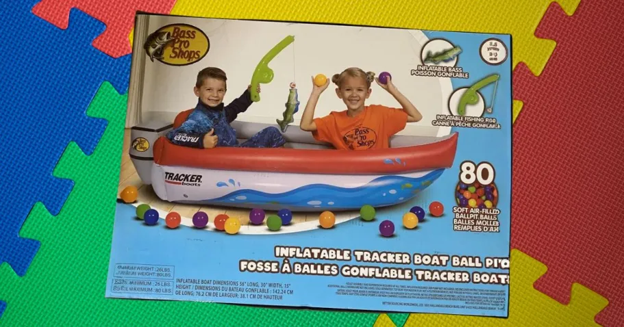 GO! Bass Pro Shops Inflatable Boat Ball Pit Just $49.99 (May Sell Out) Bass Pro Shops Tracker Boat Ball Pit Kit on playmat