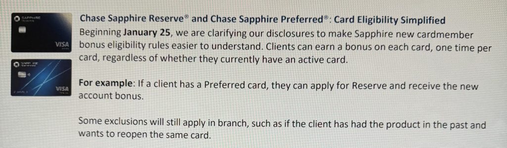 [Memo] Chase Changing Rules Around Signup Bonus Eligibility For Sapphire Reserve & Sapphire Preferred