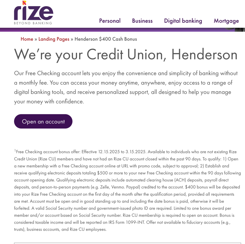 Rize Credit Union $400 Checking Bonus (Henderson400) Rize Credit Union $400 Checking Bonus (Henderson400)