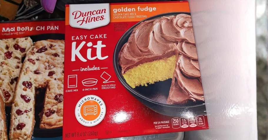 Duncan Hines Easy Cake Kit w/ Baking Pan Only $2 Shipped on Amazon Duncan Hines Easy Cake Kit in Golden Fudge Flavored Cake Mix box on counter
