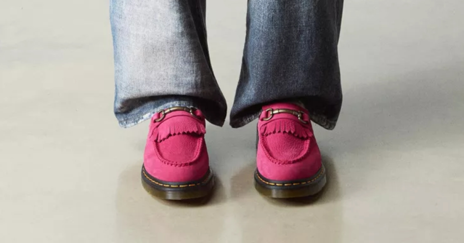 Extra 25% Off Dr. Martens Sale woman wearing Dr. Martens Adrian Snaffle Milled Nubuck Loafers in Pink