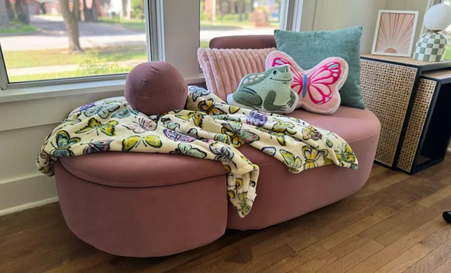 GO! Up to 70% Off Walmart Clearance Furniture pink chaise chair with throw blanket and pillows