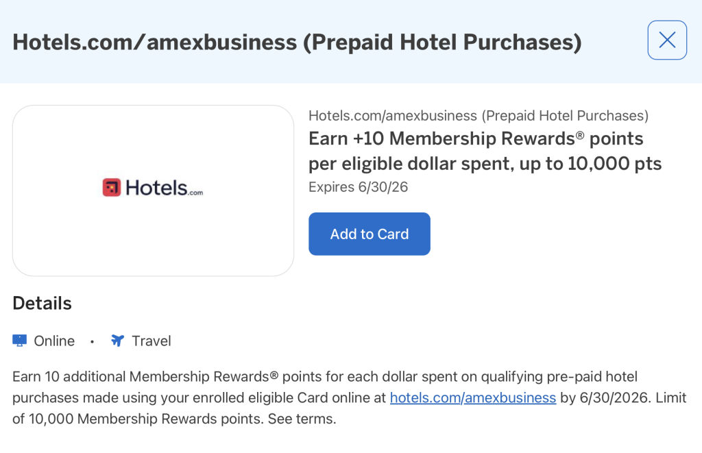 AmEx Offers 10x Bonus Points On Hotels.com AmEx Offers 10x Bonus Points On Hotels.com