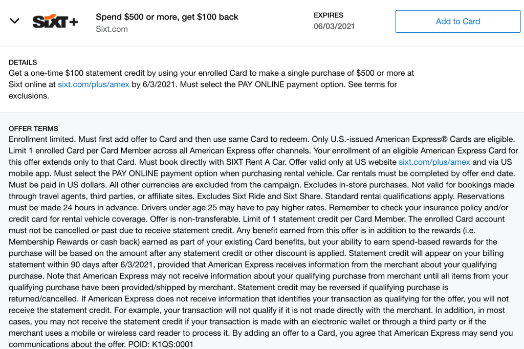 AmEx Offers: Sixt Car Rental, Spend $500 & Get $100 Statement Credit