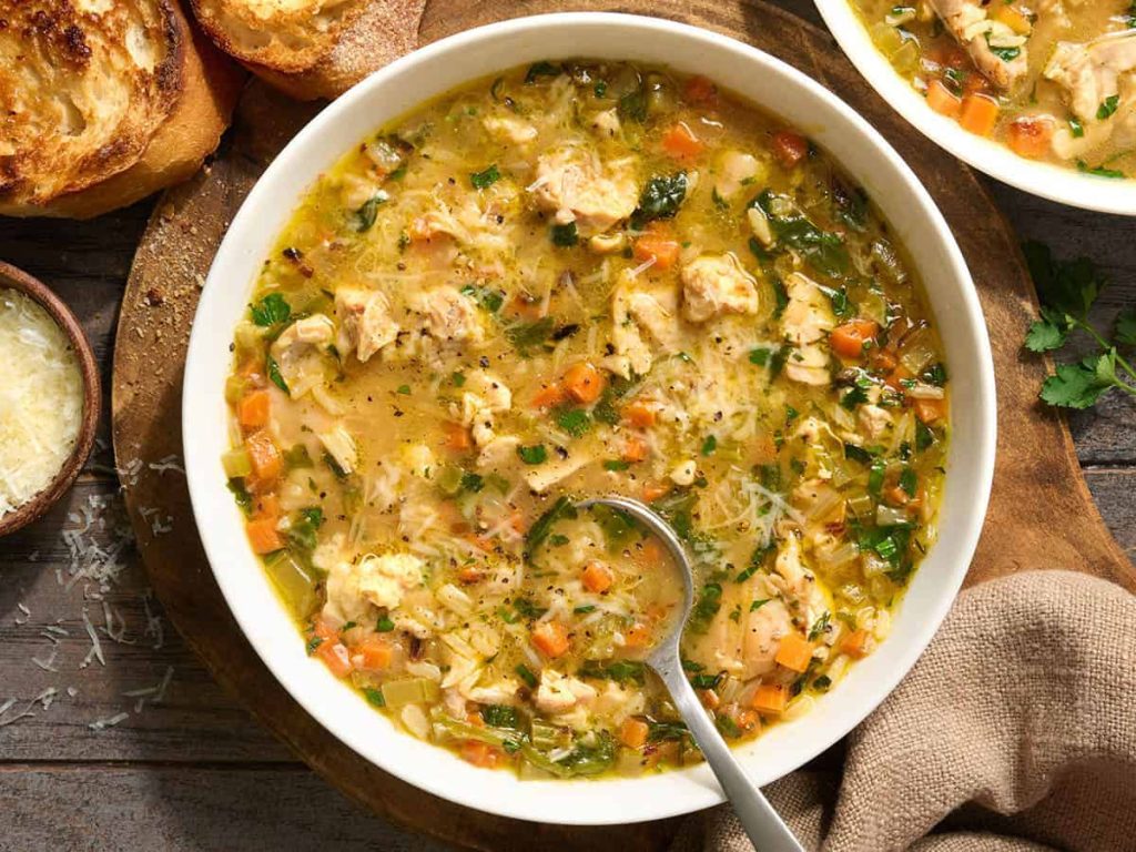 Chicken Broth Bowl – Budget Bytes Overhead view of a chicken brothy rice bowl.