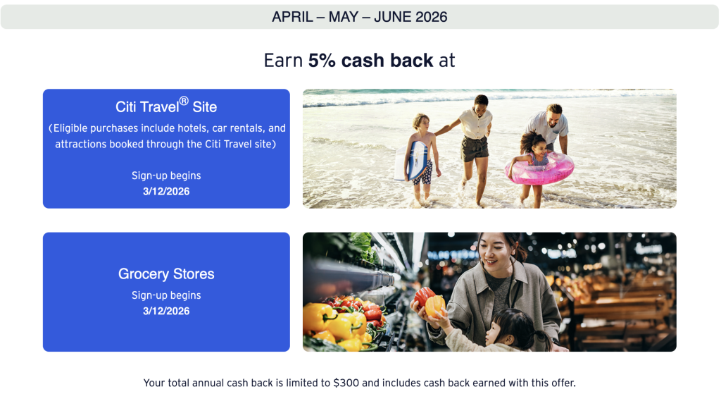 Citi Dividend Q2 2026 Categories 5%: Grocery Stores & Citi Travel Citi Dividend Q2 2026 Categories 5%: Grocery Stores & Citi Travel