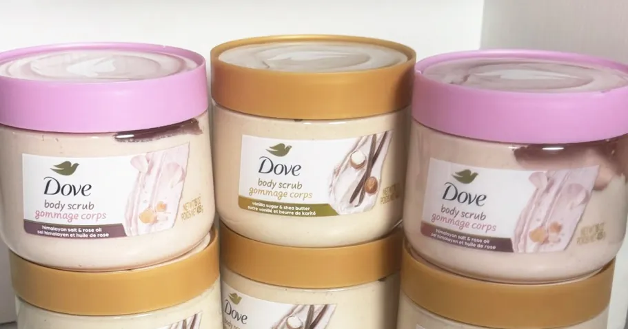 Dove Body Scrub Just $5 Shipped on Amazon stacked jars of Dove Body Scrubs
