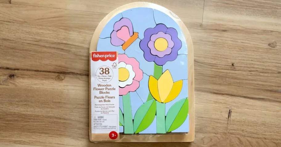 Fisher-Price Wooden Flower Puzzle Only $11.92 (Fun Easter Basket Item!) Fisher-Price Wooden Flower Puzzle Block 38-Piece Set on table
