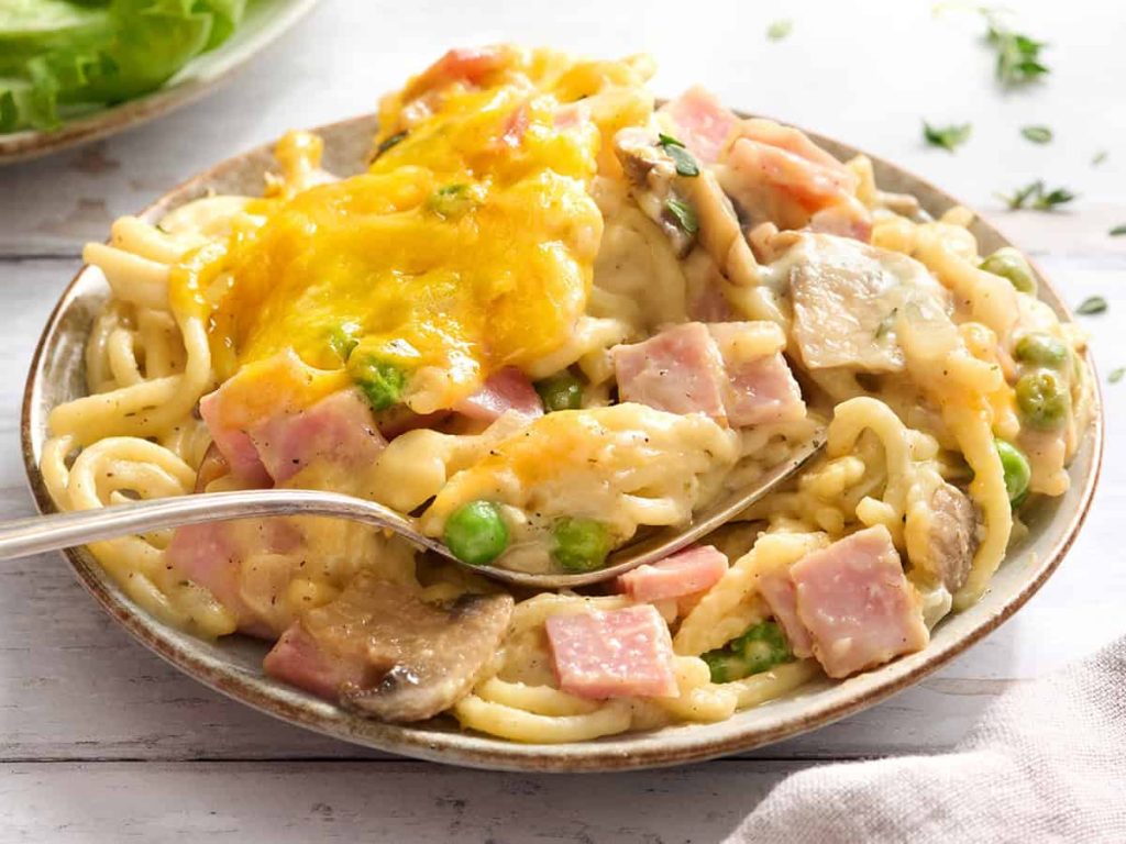 Ham Tetrazzini – Budget Bytes Side view of ham tetrazzini on a plate.