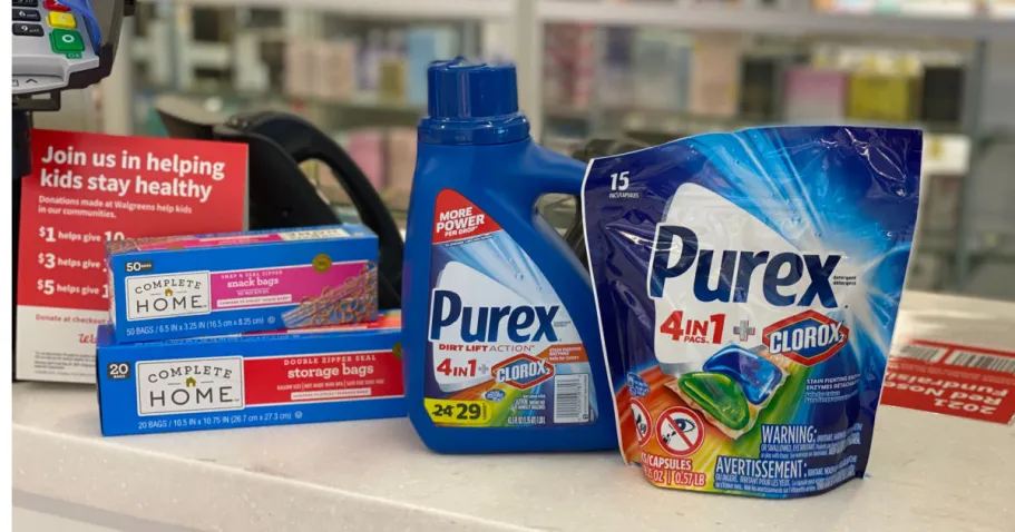 Hottest Walgreens Weekly Ad Deals laundry detergent and storage bags on counter