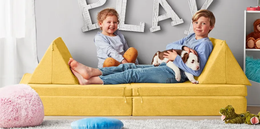 Sam’s Club Kids Explorer Sofa $150 LESS Than Nugget yellow explorer sofa with kids on top