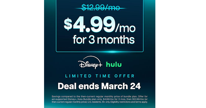 The Disney+, Hulu Bundle is BACK with $4.99 a Month for 3 Months! The Disney+, Hulu Bundle is BACK with $4.99 a Month for 3 Months!