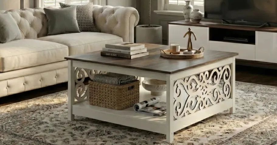 Up to 80% Off Wayfair’s Spring Cyber Week Sale + Free Shipping A Coffee Table from Wayfair with intricate scrollwork on the exterior