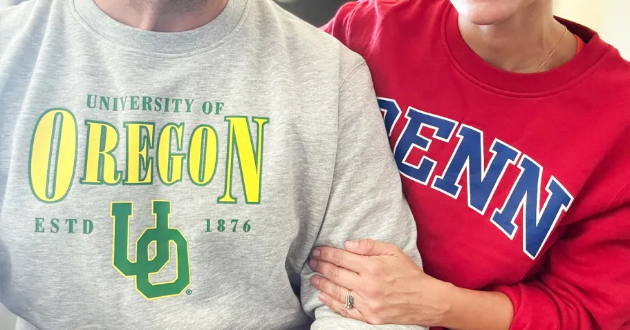 Up to 85% Off Fanatics Clearance | Hats, Jerseys, Sweatshirts & More couple wearing Oregon Ducks and Pennsylvania Quakers sweatshirts