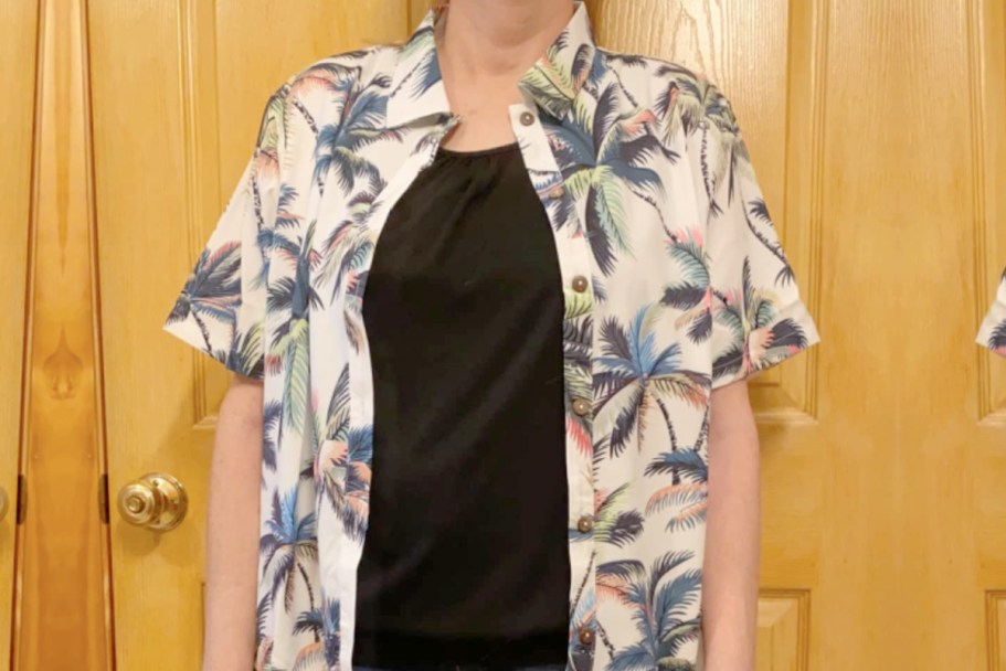 Women’s Hawaiian Shirts from $7 on Amazon (Reg. $20) woman in white hawaiian shirt with black undershirt