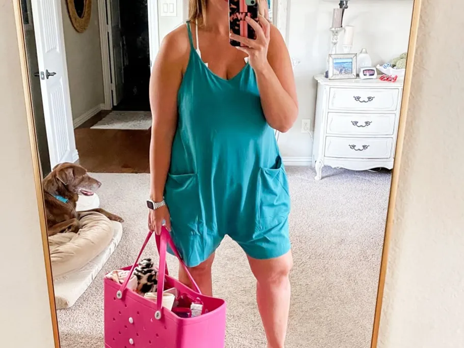 Women’s Rompers w/ Pockets Just $8.99 on Amazon (Reg. $33) woman taking photo in mirror wearing a teal romper