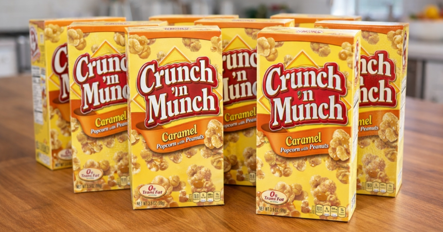 Crunch ‘n Munch Caramel Popcorn w/ Peanuts 12-Pack Only $8 Shipped on Amazon boxes of Crunch n Munch popcorn on a table