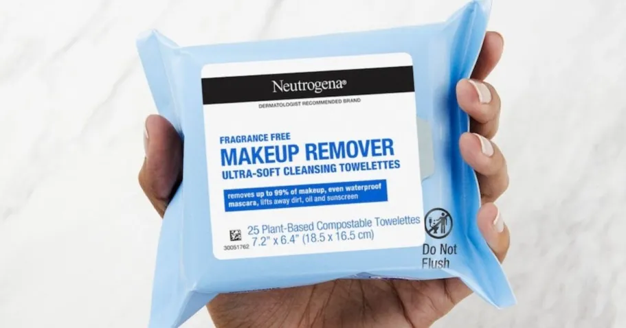 *HOT* Neutrogena Makeup Remover Wipes Only $1.71 Shipped on Amazon (Reg. $8) Hand holding up a pack of Neutrogena Fragrance-Free makeup wipes
