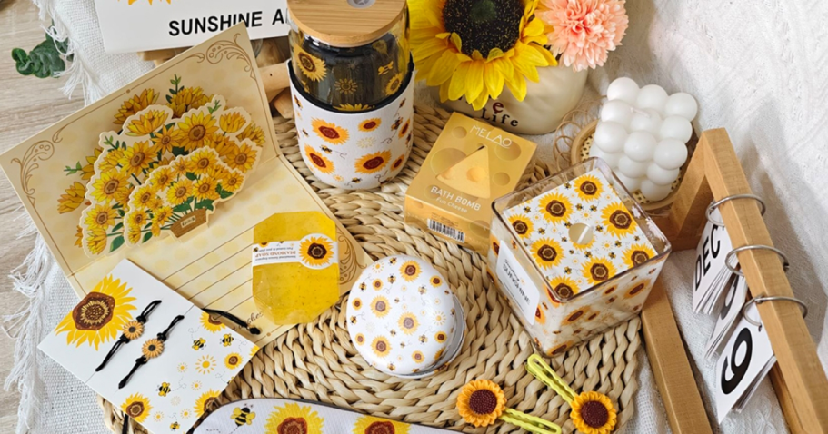 Self-Care Gift Boxes from $12.99 on Amazon (Perfect Mother’s Day Gift!) sunflower themed gift items on a table