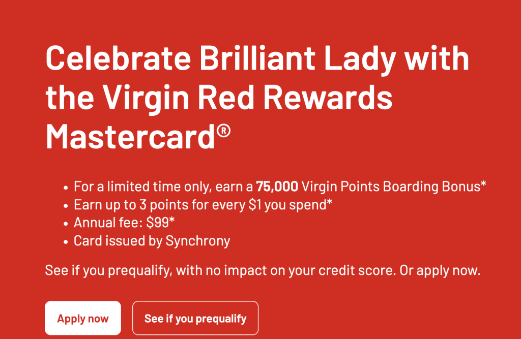 Synchrony Virgin Red: 75,000 Points + $100 Signup Bonus (+500 Miles)