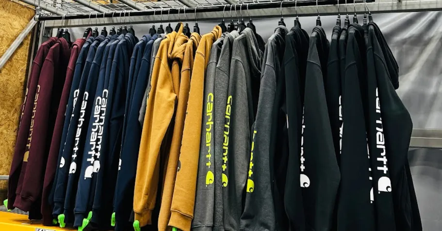 Up to 60% Off Carhartt Hoodies on Dick’s Sporting Goods rack of Carhartt hoodies in store