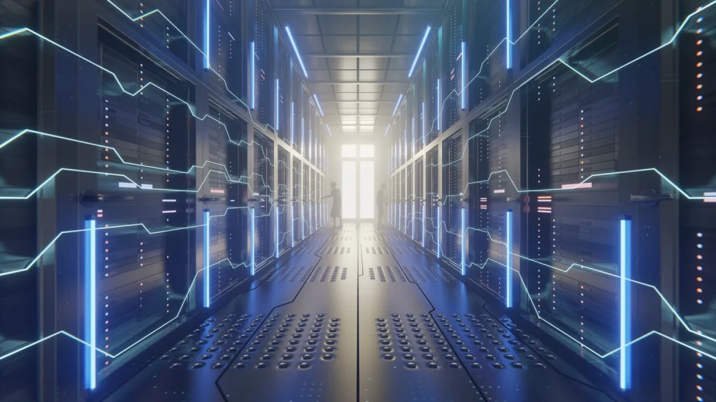 Applied Digital: 1-Month Lease Gap Signals Aggressive Hyperscaler Demand Data centers with people working are technology-connected and mining AI. Server racks in computer network security server room data center. Shot of Corridor in Working Full of Rack