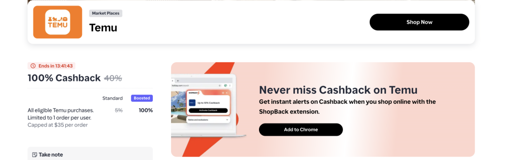 Shopback: Get 100% Back On Temu (Limit $35)