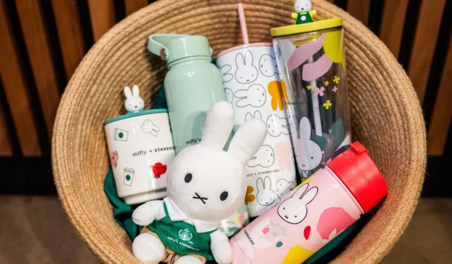 The NEW Miffy + Starbucks Collection Is Too Cute Starbucks miffy collection inside of a basket