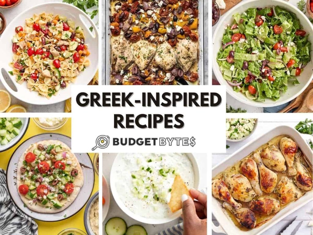 16 Greek-Inspired Recipes – Budget Bytes A collage of Greek-inspired recipes.