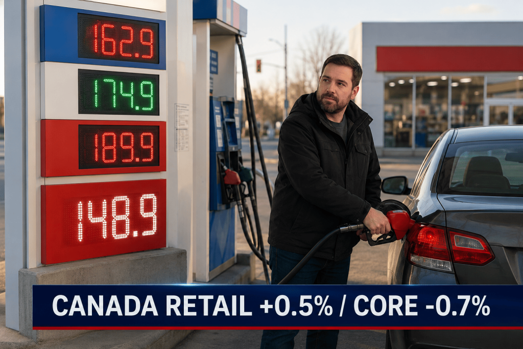 Canada Retail Sales Rose 0.5% in April, but Core Spending Fell as Fuel Did the Lifting Canadian retail storefront and a gas station, illustrating April retail sales lifted by fuel as core spending fell.