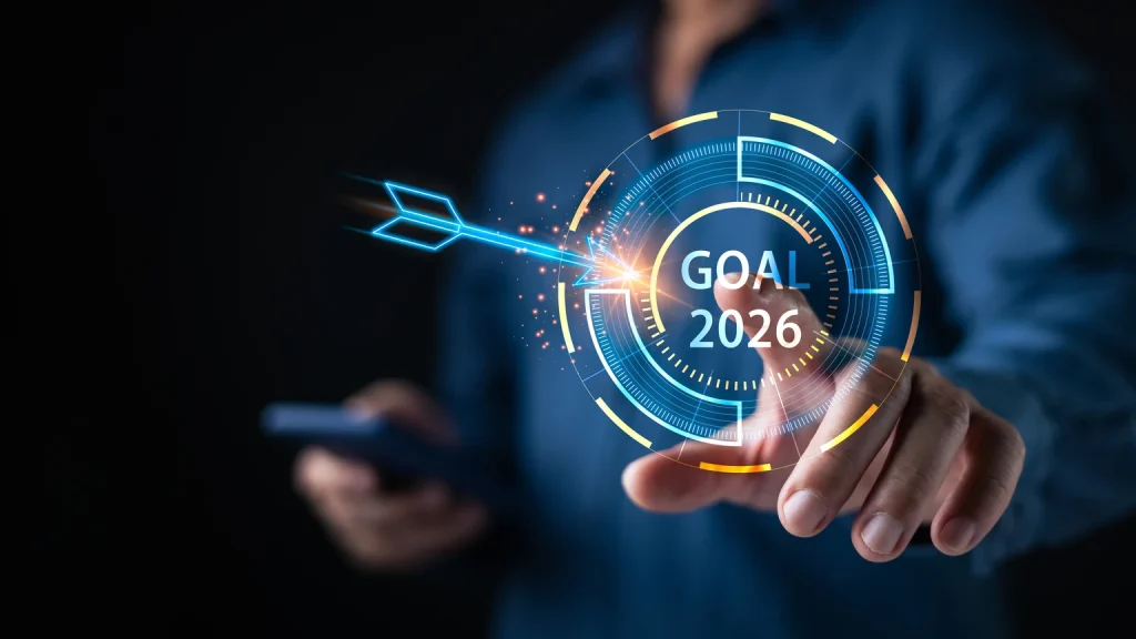 Businessman touching virtual target Goal 2026 interface. Concept of future business strategy growth, digital transformation, planning achievement, and financial success for new year.
