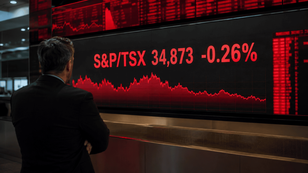 Toronto Stock Exchange building and market data, illustrating the S&P/TSX Composite easing to a one-week low.