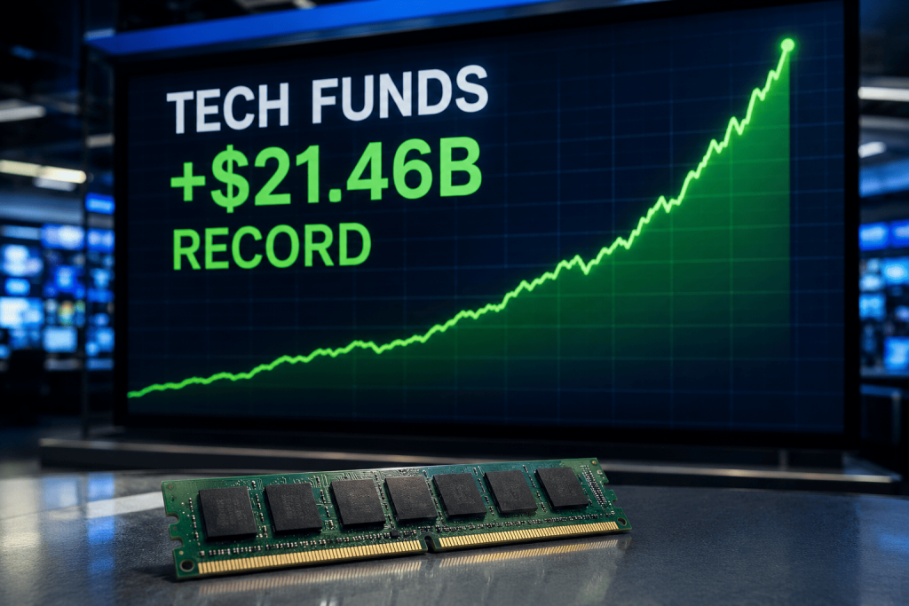 Tech Funds Pull In a Record $21.46 Billion as Micron’s June 24 Report Looms as the AI Rally’s Next Test Semiconductor chip and a rising market chart, illustrating record technology fund inflows ahead of Micron
